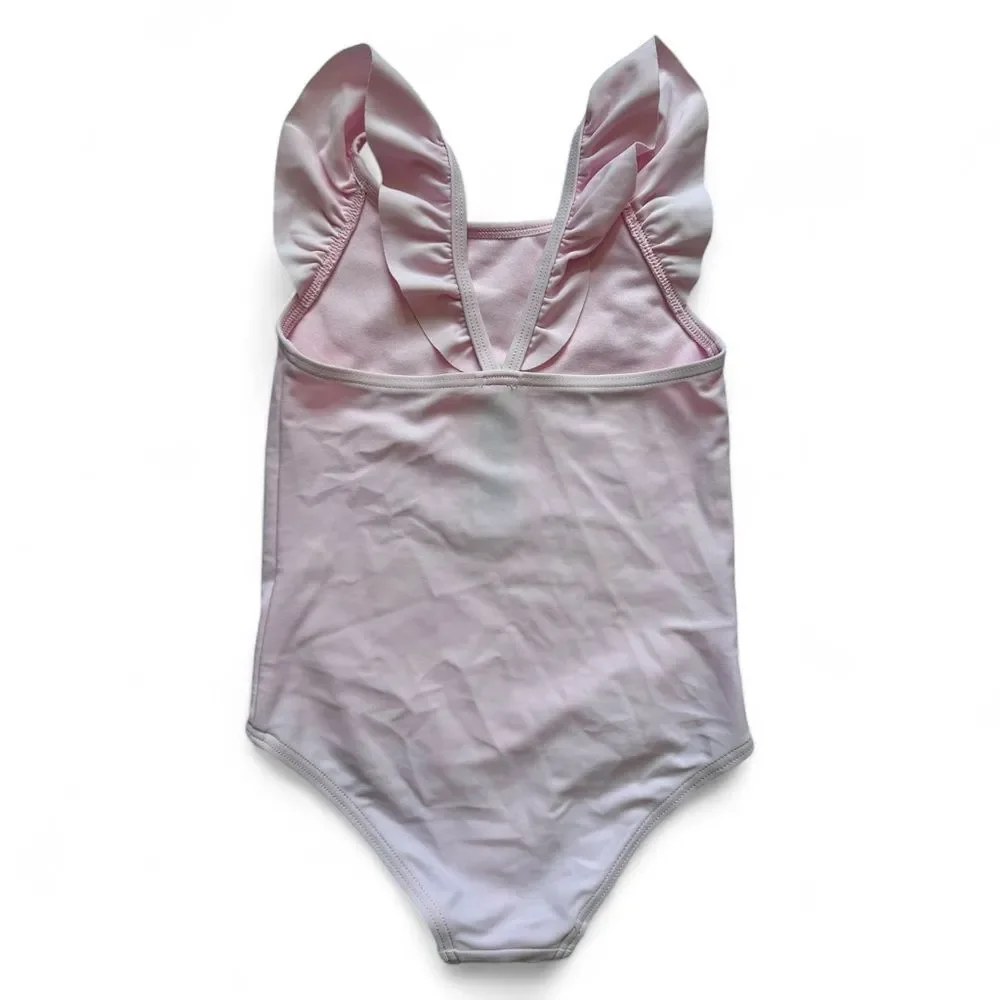 M&S Pink Rainbow One Piece Swimsuit 4T Ruffle Strap Graphic Beach Pool